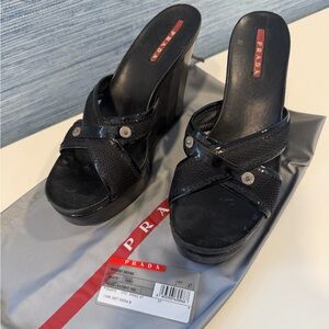 Prada Black Women's Wedge Sandals with Glossy Finish